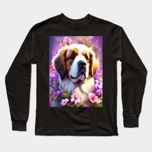 Saint Bernard Dog Surrounded by Beautiful Spring Flowers Long Sleeve T-Shirt